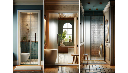 A collage showing three different bathroom scenes, each featuring a different type of shower glass: clear, frosted, and patterned. The aim is to showcase how each type influences privacy and style.
